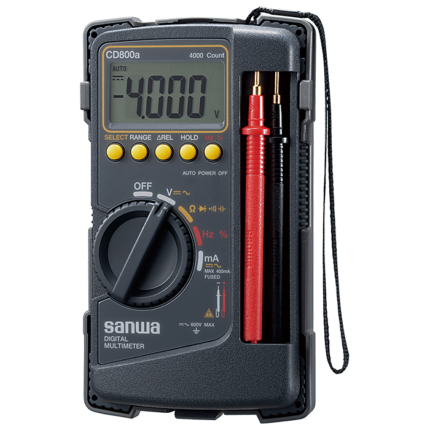 Digital Multimeter Sanwa CD800a in Pakistan BR1263 Digital Multimeter (Sanwa) CD800a Sanwa model CD800a all in one digital multimeter Features: 3-3 / 4 digits 4000 count 0.7% best accuracy Capacitance measurement Not suitable for measurement of condensers with large leak current. Frequency measurement (AC sine wave only) Data hold / Range hold Relative value Auto power off (30min.) (cancelable) Low power ohm (input voltage 0.4V) at continuity range Solid & protective body cover that can also be used as a tilt stand Chip holder behind the body cover Display: numeral display 4000 Sampling rate : 2 times / sec. AC frequency bandwidth: 40?400Hz Packages Include: 1 x Digital Multimeter Sanwa CD800a in Pakistan